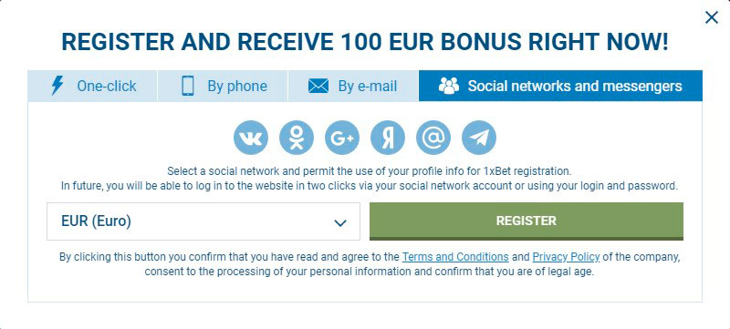 1xBet registration by social networks