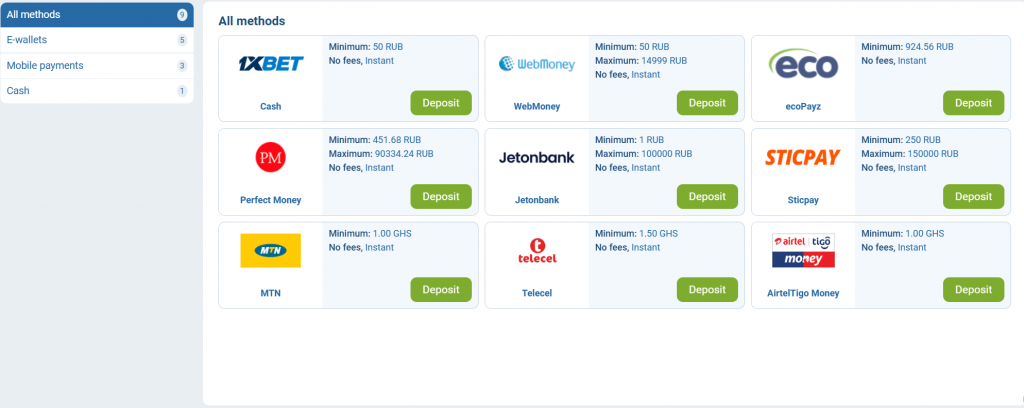 1xbet deposit methods